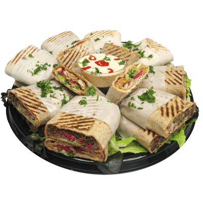 Burritos shawarma rolls black tray, Shawarma pita kebab mediterranean cuisine falafel