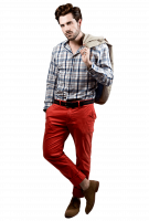 men wearing check shirt and red jeans